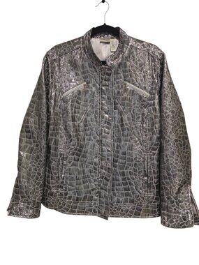 Chico's Metallic Silver Animal Print Jacket Zip Front & Pockets Small Sz 3 XL 16